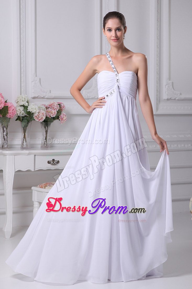 One Shoulder Beading and Ruching for Long Prom Dress in White