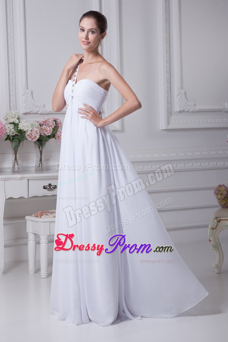 One Shoulder Beading and Ruching for Long Prom Dress in White