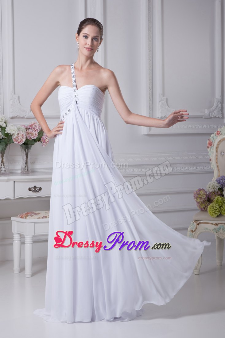 One Shoulder Beading and Ruching for Long Prom Dress in White