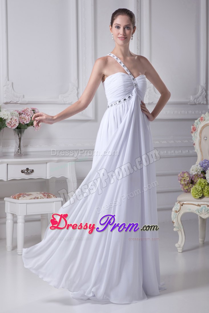 One Shoulder Beading and Ruching for Long Prom Dress in White
