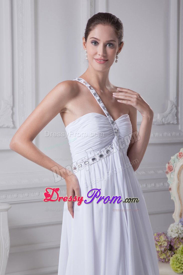 One Shoulder Beading and Ruching for Long Prom Dress in White