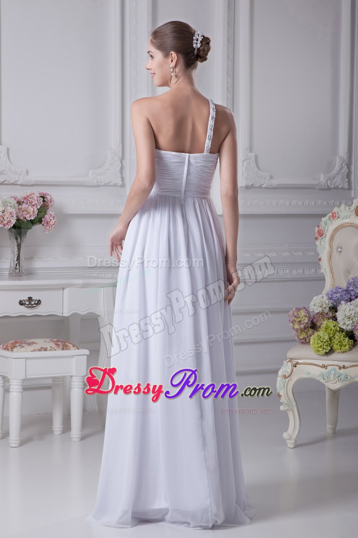 One Shoulder Beading and Ruching for Long Prom Dress in White