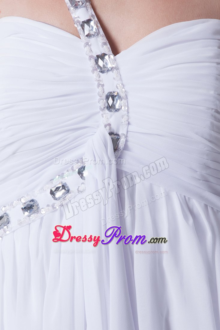 One Shoulder Beading and Ruching for Long Prom Dress in White