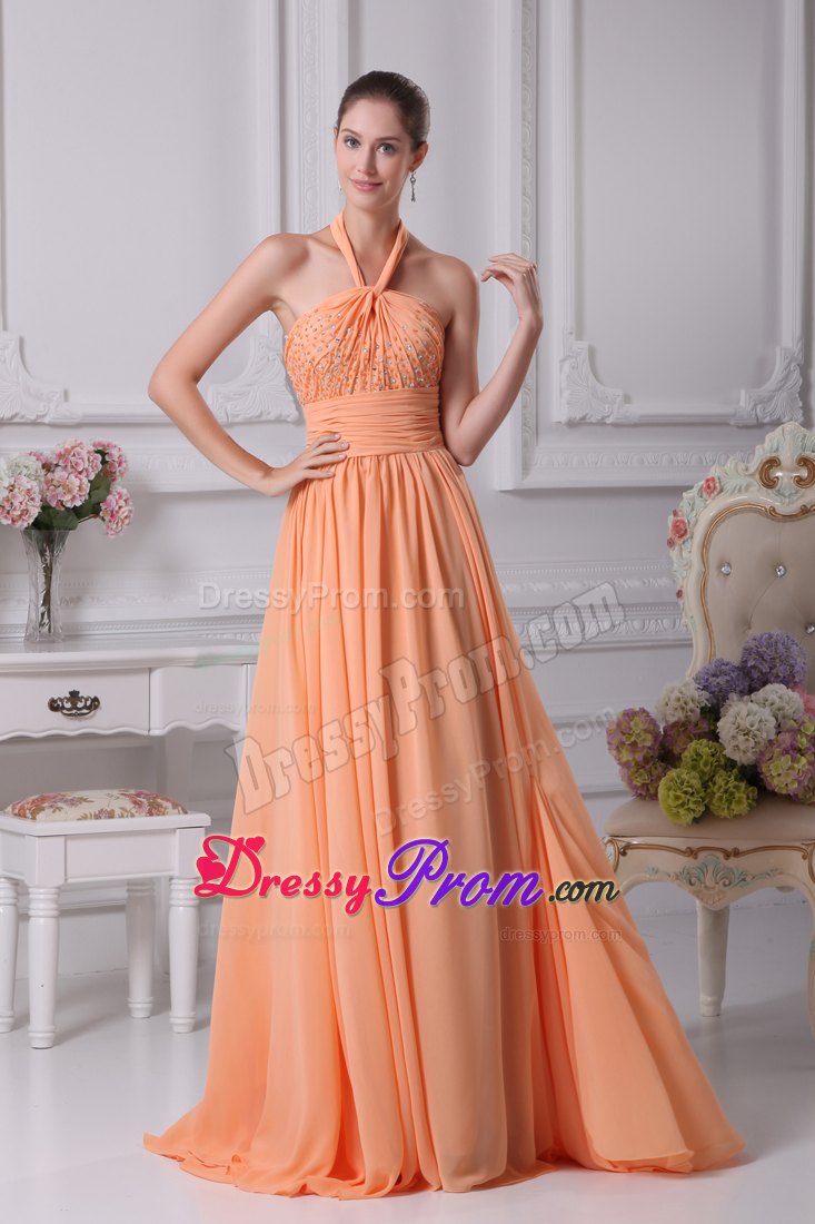 Halter Top Beading Empire Prom Dress in Orange with Brush