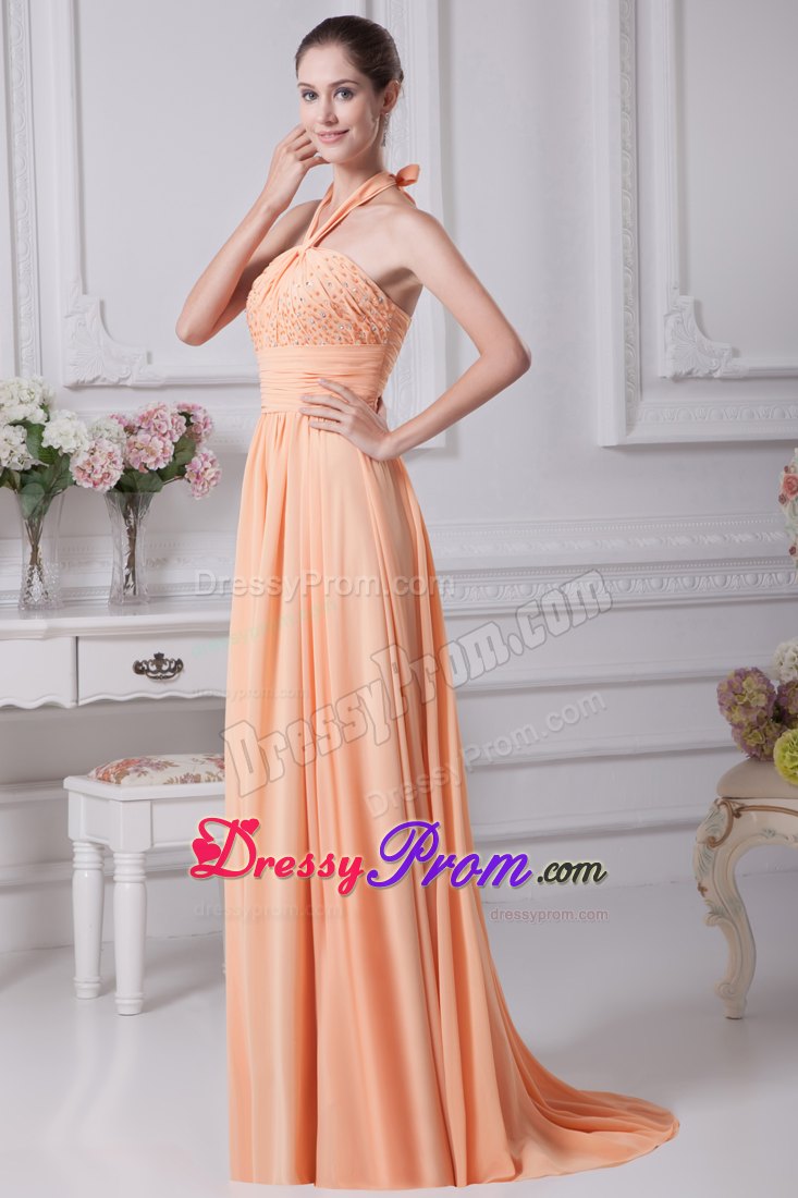 Halter Top Beading Empire Prom Dress in Orange with Brush