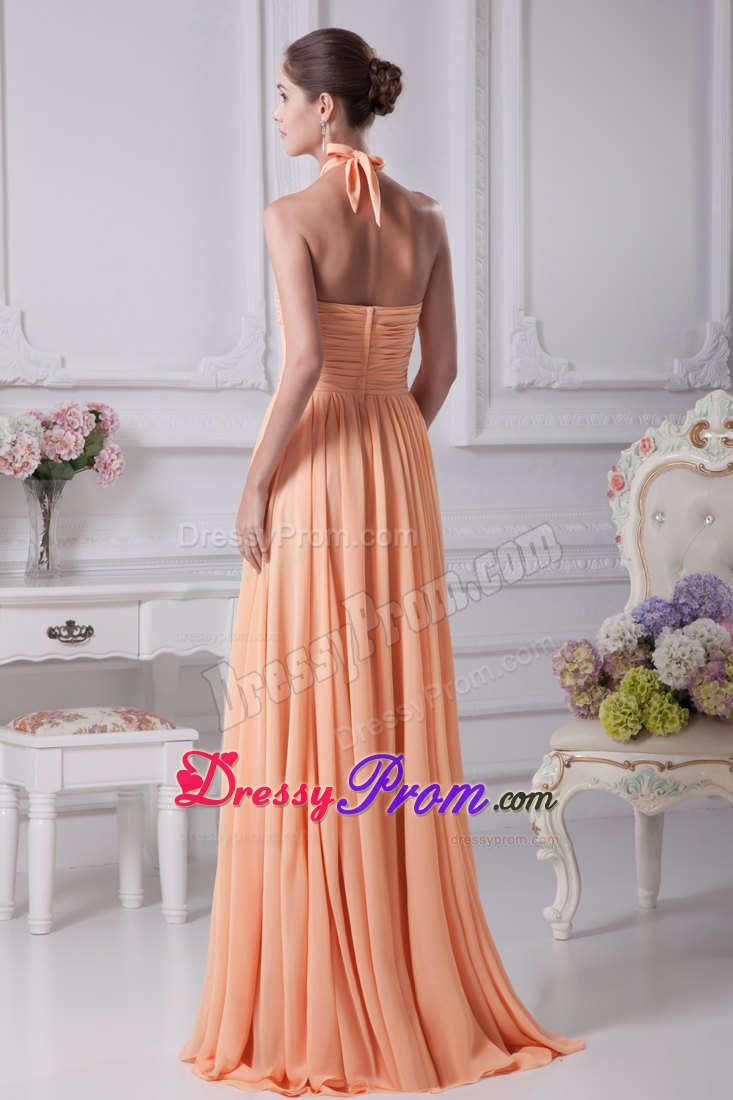 Halter Top Beading Empire Prom Dress in Orange with Brush