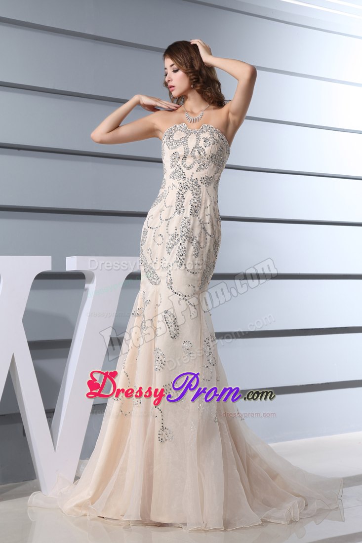 Champagne Beading Mermaid Sweetheart Brush Train Dress For Prom Queen