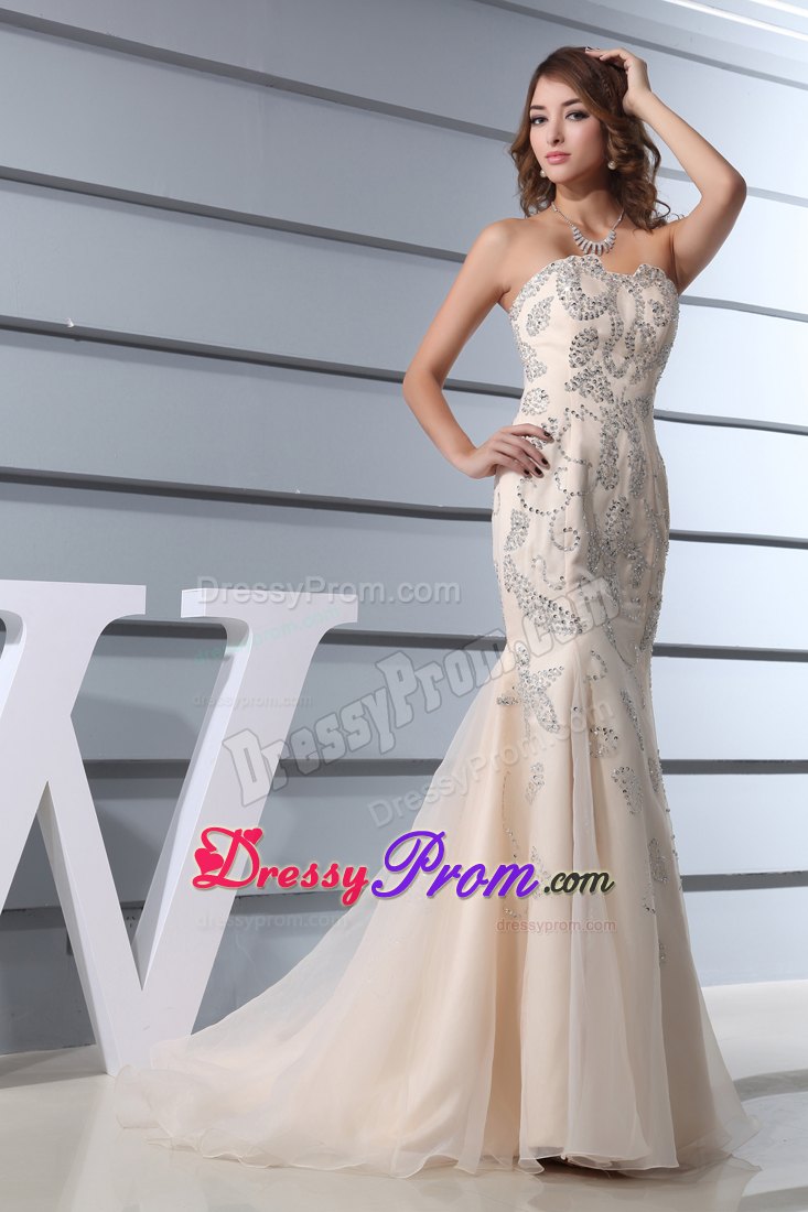 Champagne Beading Mermaid Sweetheart Brush Train Dress For Prom Queen