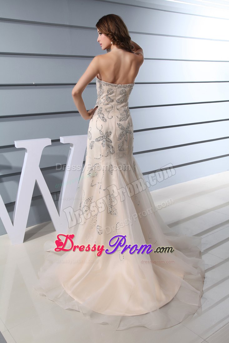 Champagne Beading Mermaid Sweetheart Brush Train Dress For Prom Queen