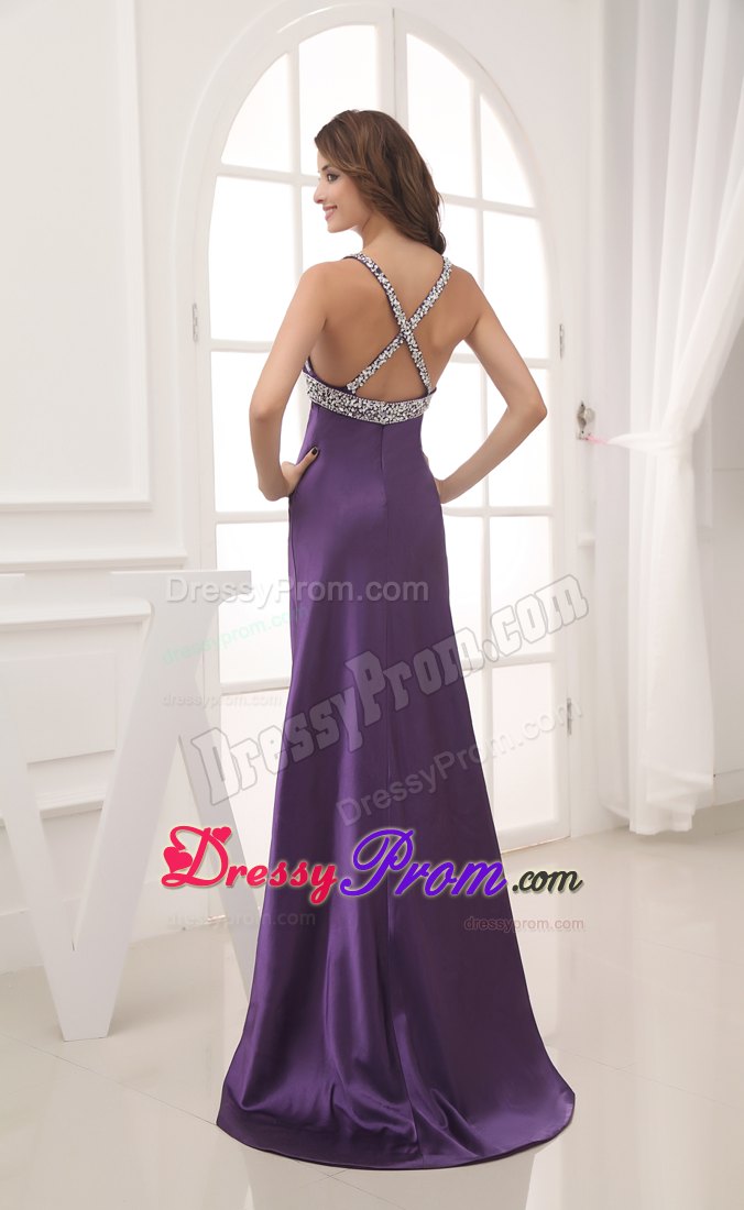 Beaded Halter Top Grad Dresses With Cross Back and Side Slit