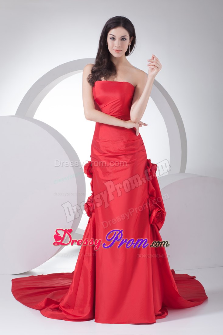 Column Red Strapless Hand Made Flowers Prom Celebrity Dress