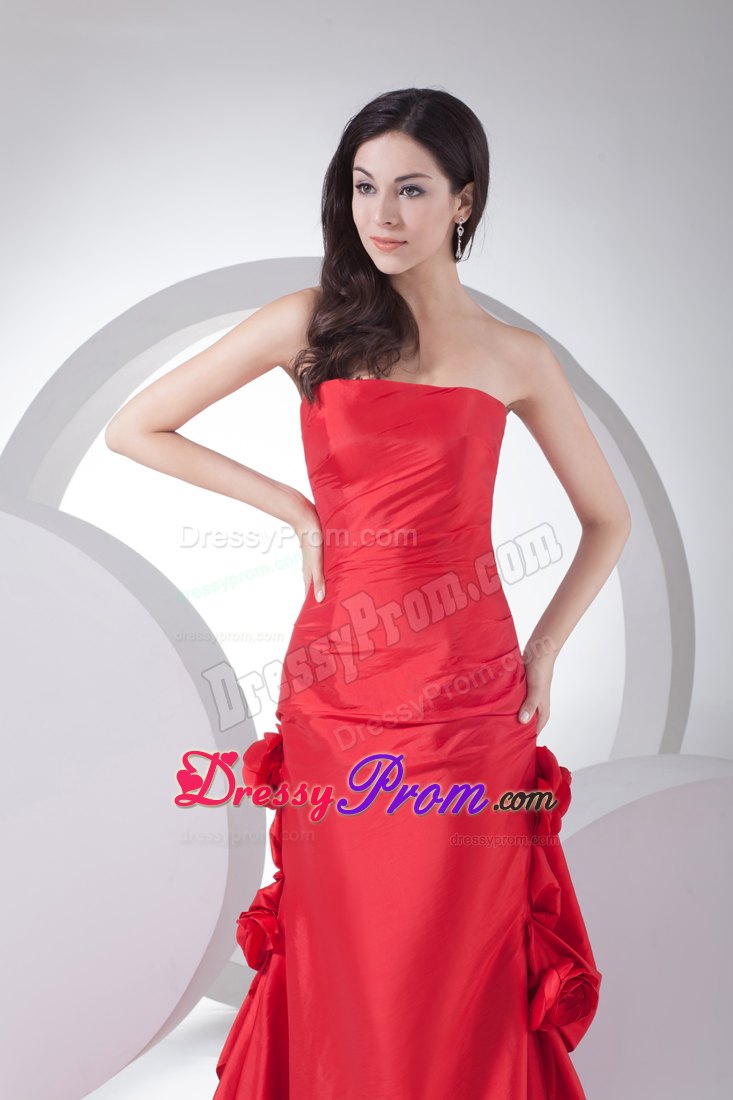 Column Red Strapless Hand Made Flowers Prom Celebrity Dress
