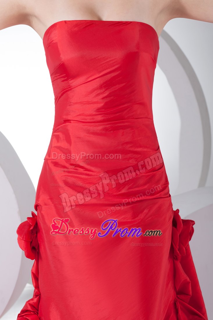 Column Red Strapless Hand Made Flowers Prom Celebrity Dress