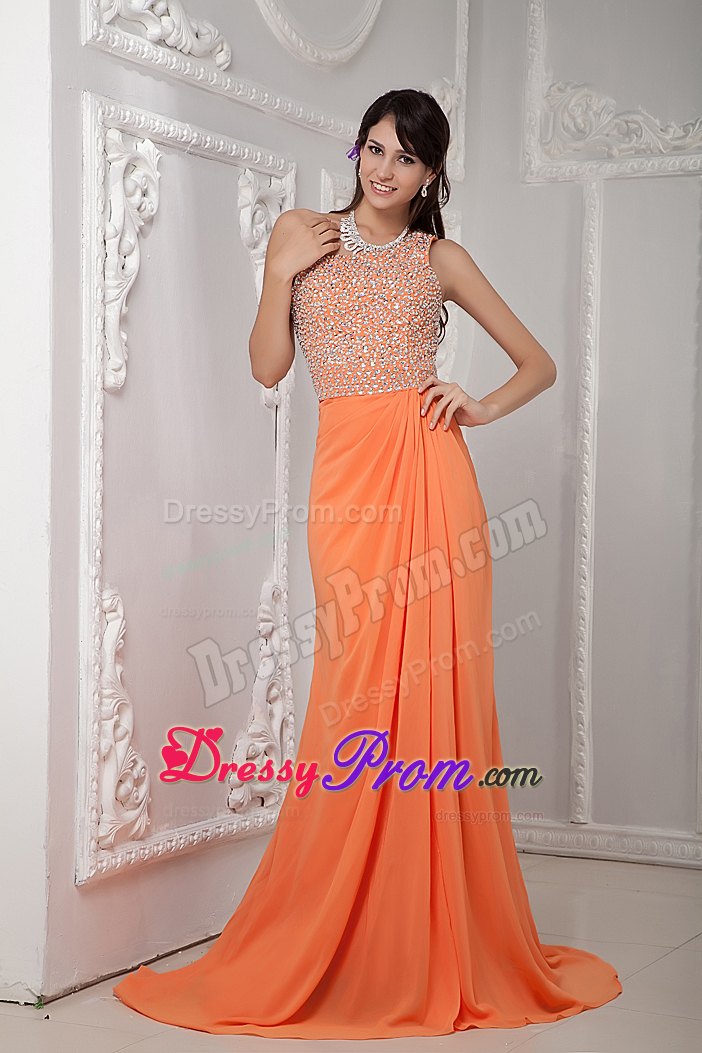 Column Beading One Shoulder Orange Prom Dress with Brush Train