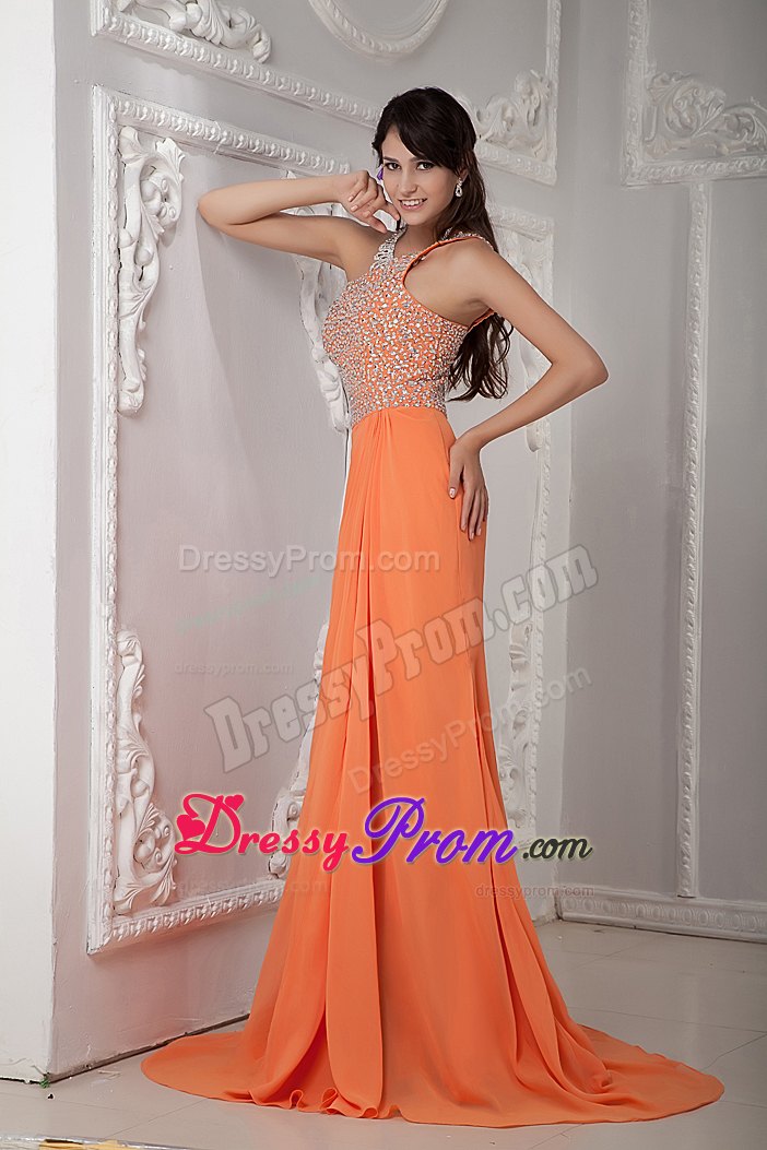 Column Beading One Shoulder Orange Prom Dress with Brush Train
