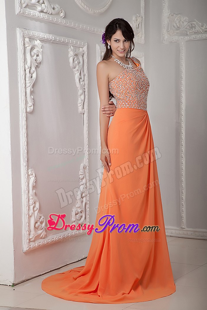 Column Beading One Shoulder Orange Prom Dress with Brush Train