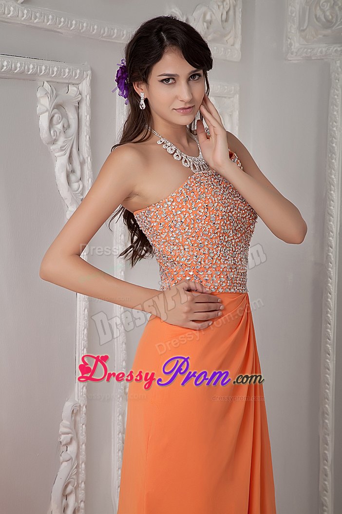 Column Beading One Shoulder Orange Prom Dress with Brush Train