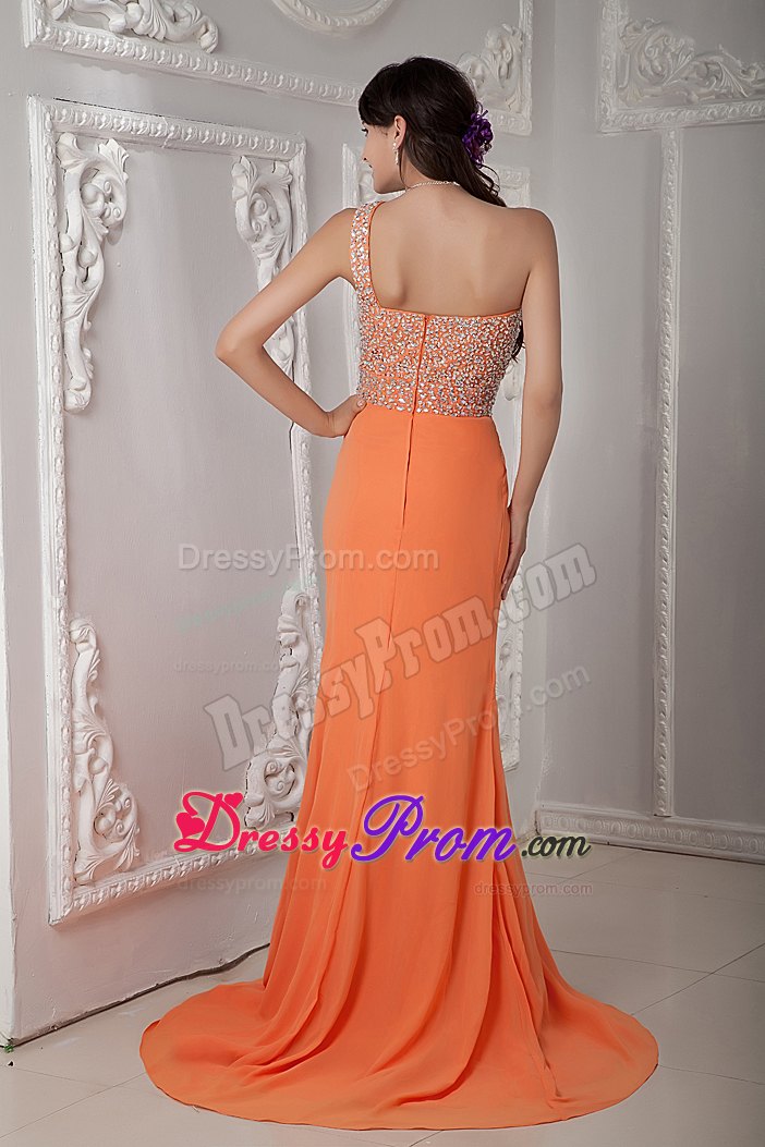 Column Beading One Shoulder Orange Prom Dress with Brush Train