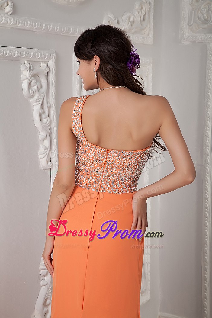 Column Beading One Shoulder Orange Prom Dress with Brush Train