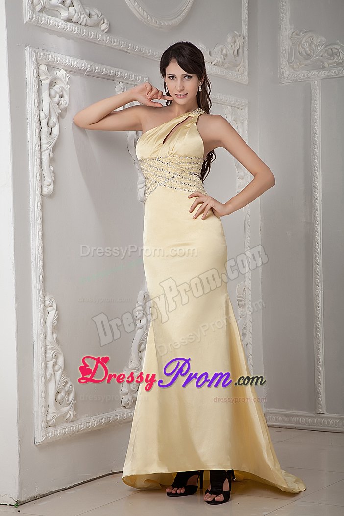 Light Yellow Column Prom Dress One Shoulder Beading Brush Train