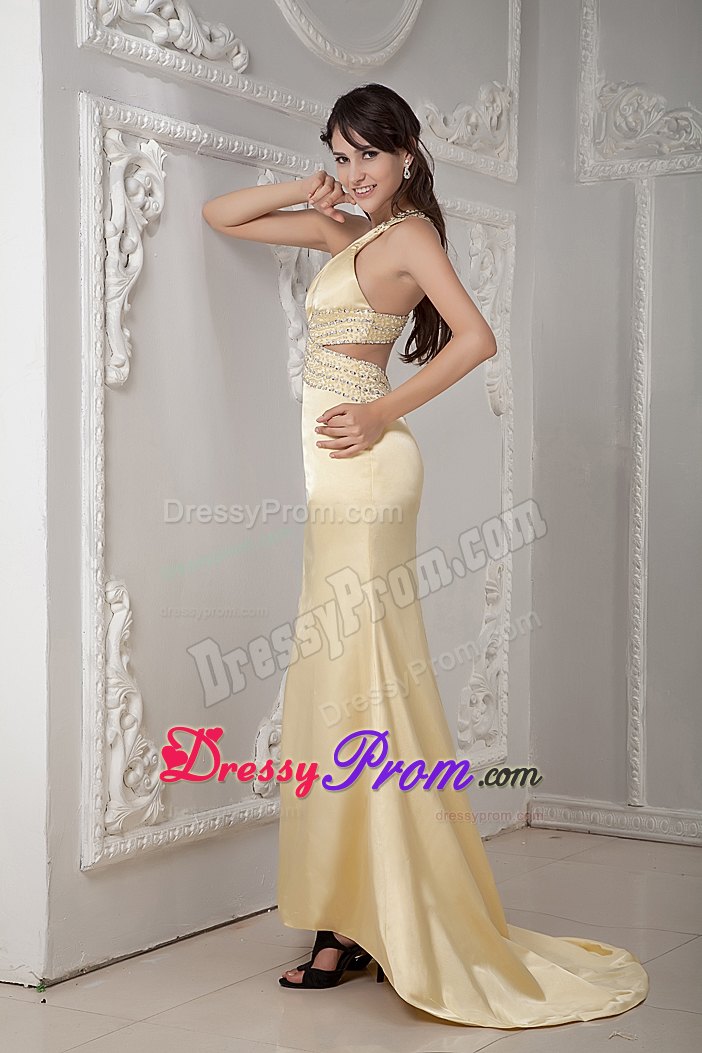 Light Yellow Column Prom Dress One Shoulder Beading Brush Train