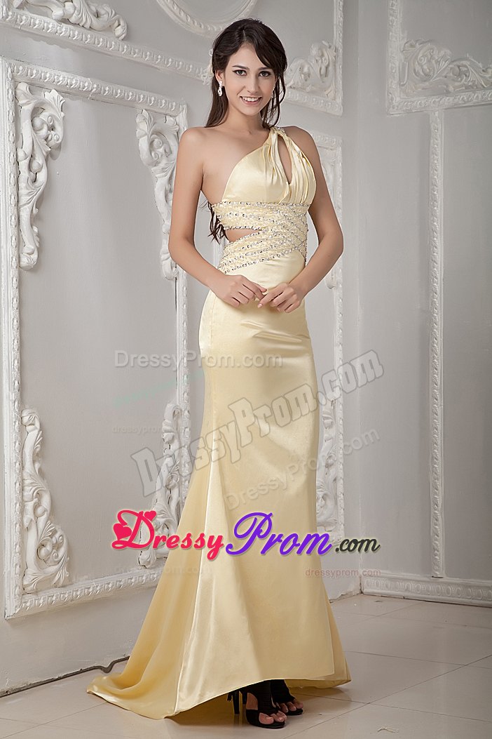 Light Yellow Column Prom Dress One Shoulder Beading Brush Train