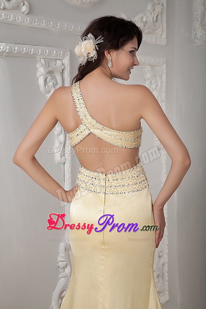 Light Yellow Column Prom Dress One Shoulder Beading Brush Train