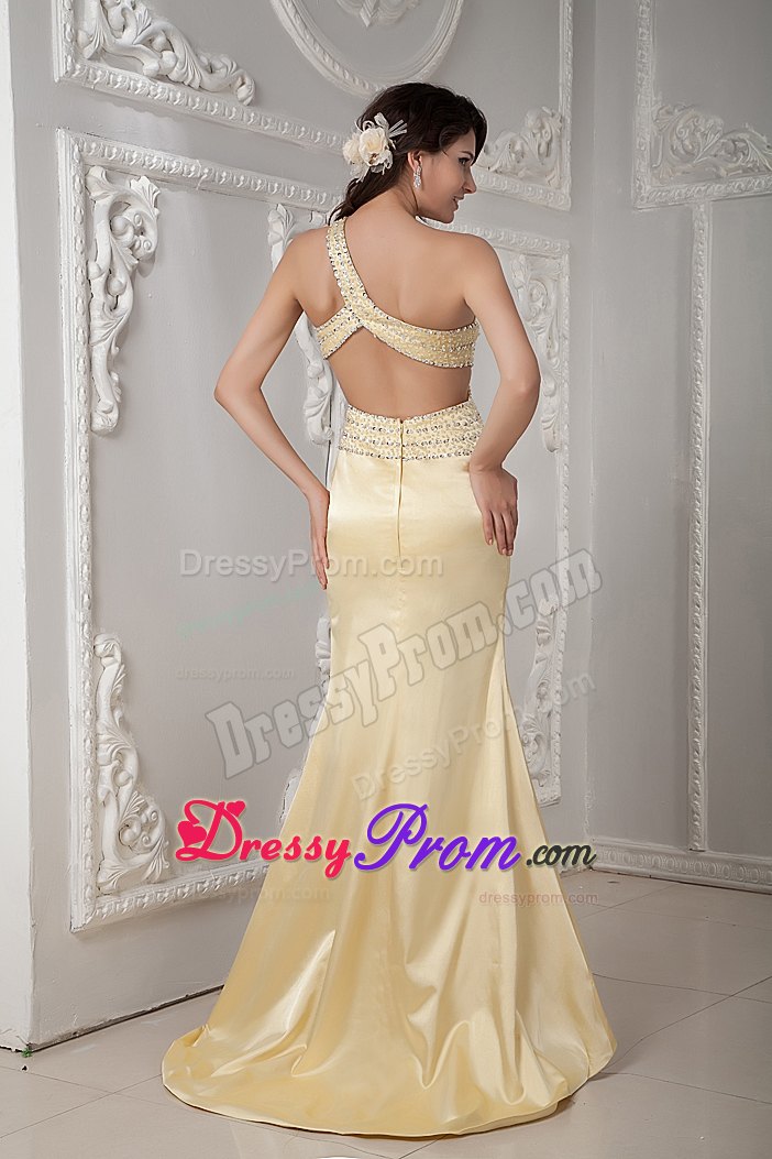 Light Yellow Column Prom Dress One Shoulder Beading Brush Train