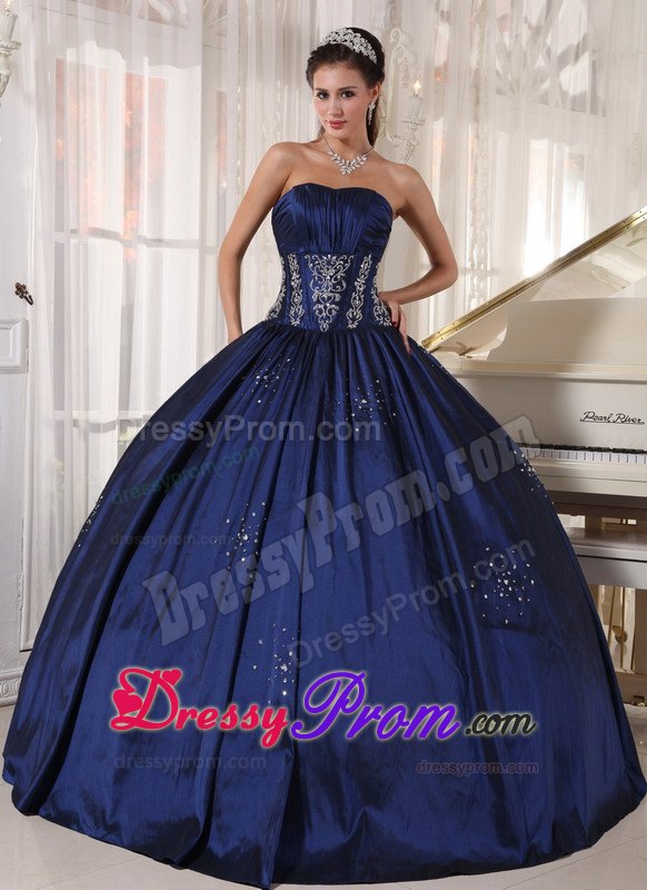 Navy Strapless Floor-length Appliques and Beading Quinceanera Dresses