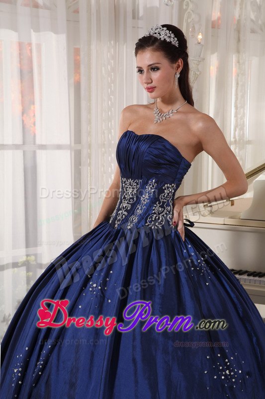 Navy Strapless Floor-length Appliques and Beading Quinceanera Dresses