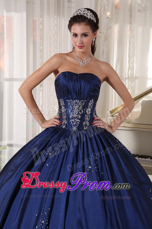 Navy Strapless Floor-length Appliques and Beading Quinceanera Dresses