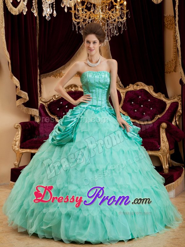 Apple Green Strapless Quinceanera Gown with Ruffles and Beading