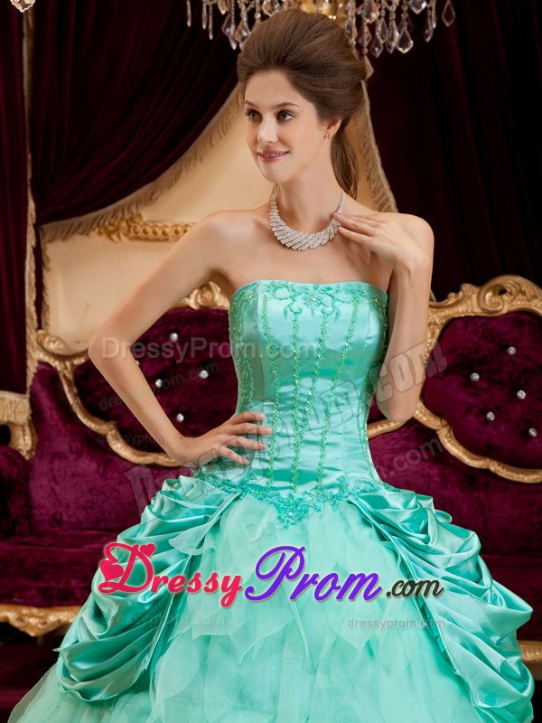Apple Green Strapless Quinceanera Gown with Ruffles and Beading