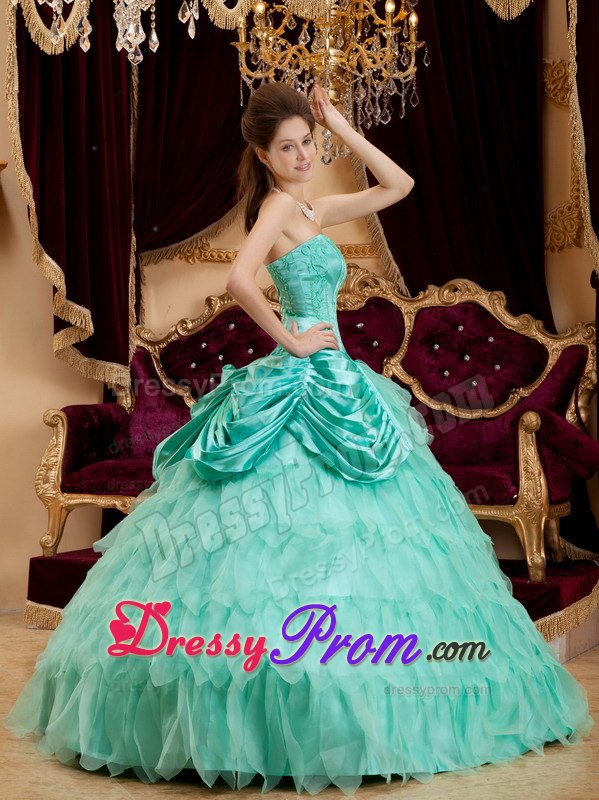 Apple Green Strapless Quinceanera Gown with Ruffles and Beading