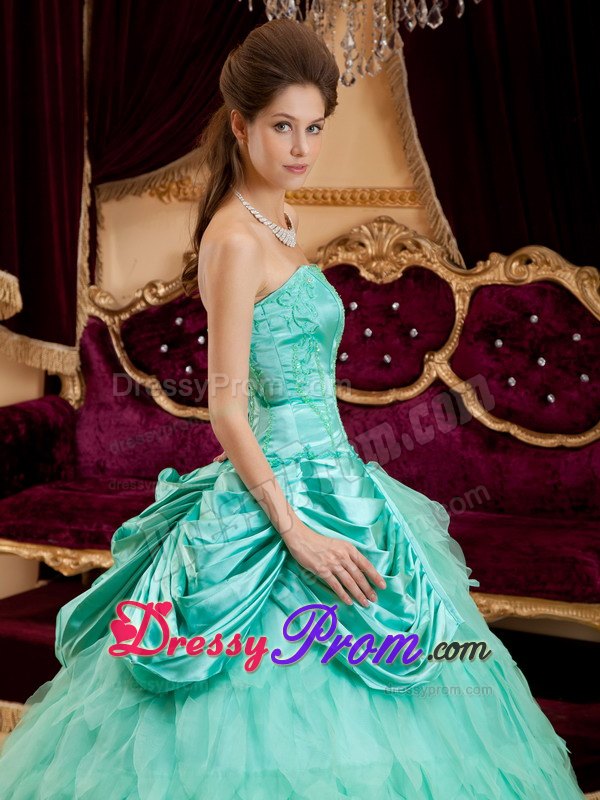 Apple Green Strapless Quinceanera Gown with Ruffles and Beading