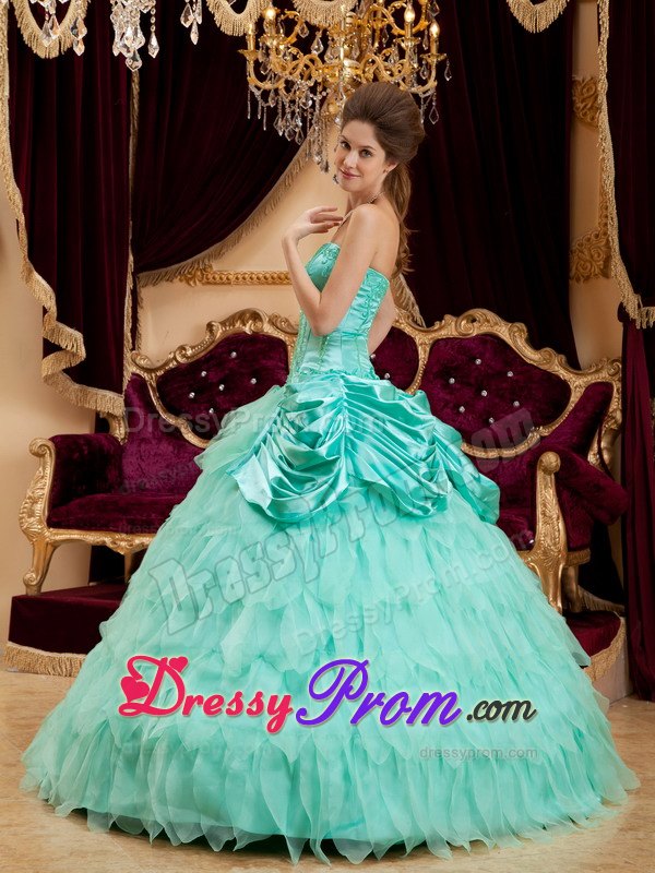 Apple Green Strapless Quinceanera Gown with Ruffles and Beading