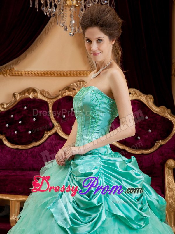 Apple Green Strapless Quinceanera Gown with Ruffles and Beading