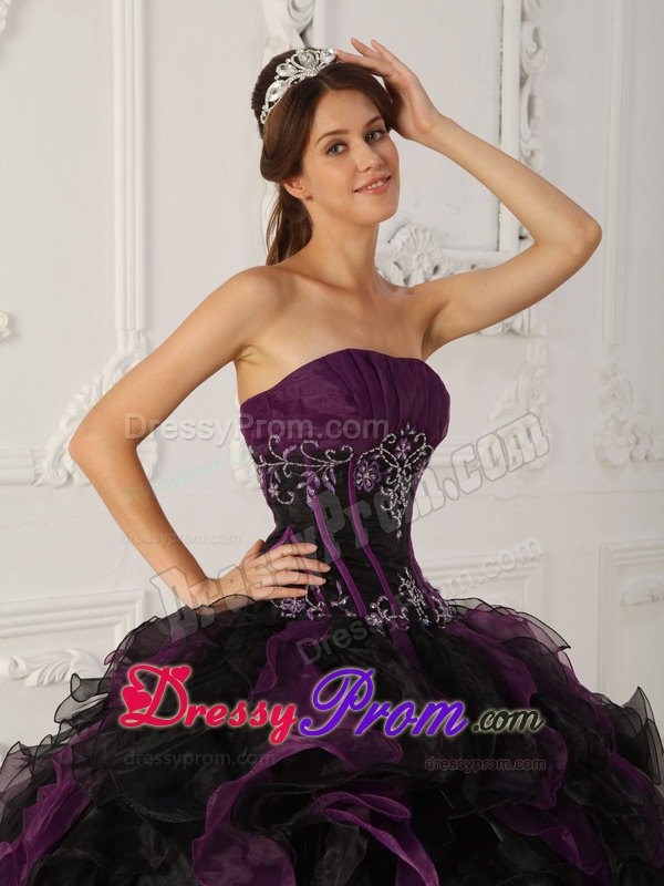 Purple and Black Strapless Ruffled Beading Quinceanera Dresses