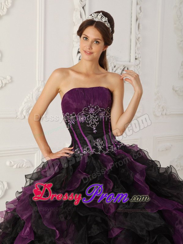 Purple and Black Strapless Ruffled Beading Quinceanera Dresses
