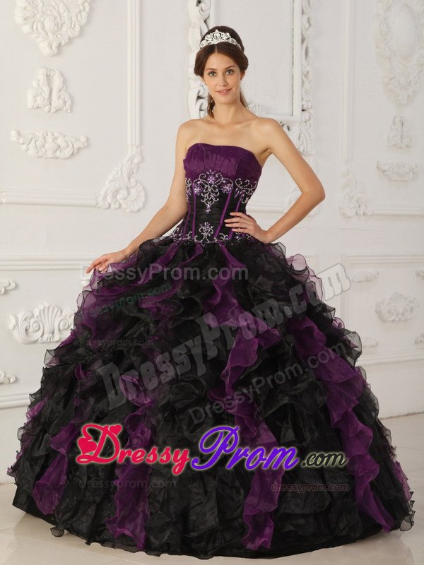Purple and Black Strapless Ruffled Beading Quinceanera Dresses