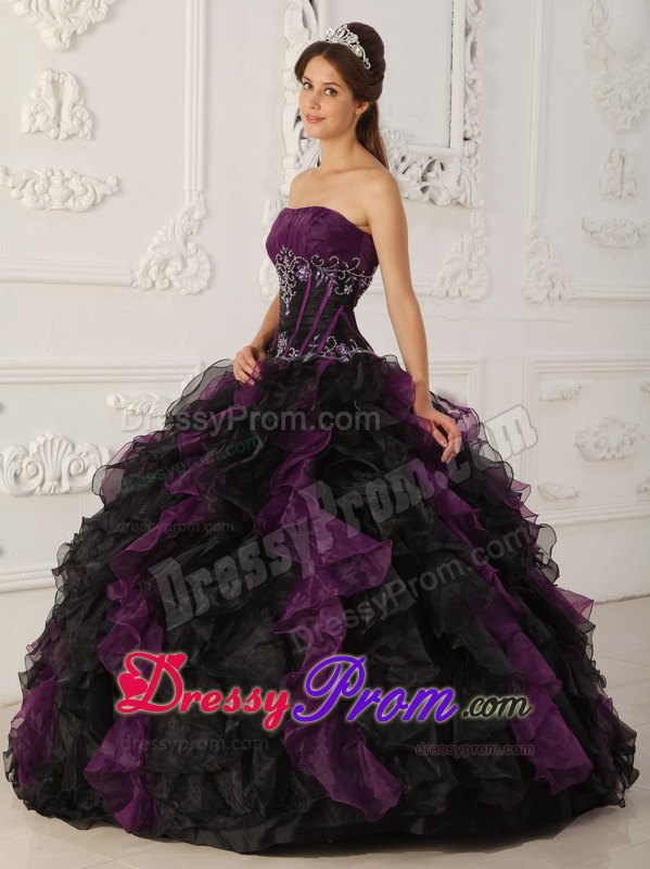 Purple and Black Strapless Ruffled Beading Quinceanera Dresses