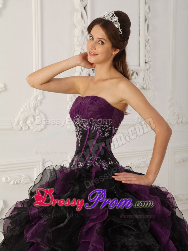 Purple and Black Strapless Ruffled Beading Quinceanera Dresses