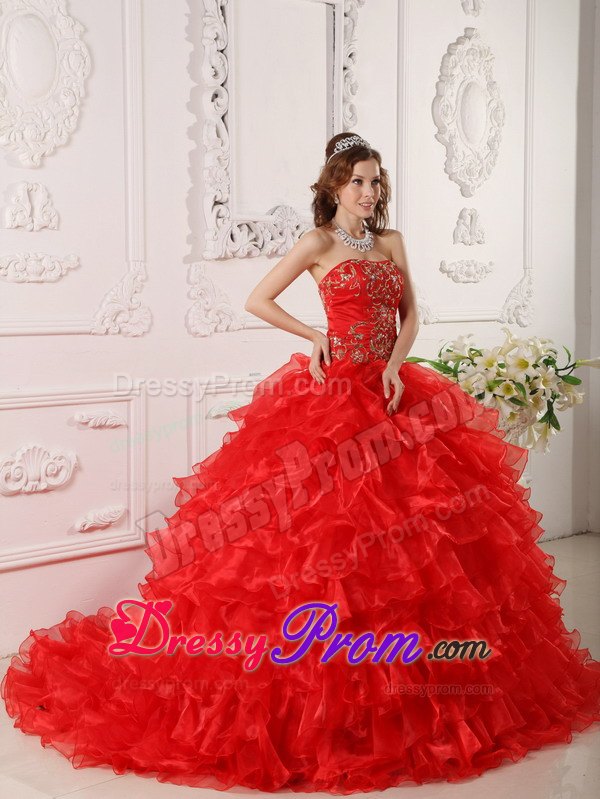 Strapless Red Dress For Quinceanera with Ruffles and Embroidery
