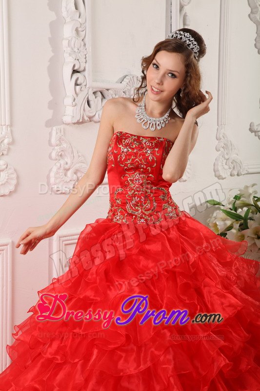 Strapless Red Dress For Quinceanera with Ruffles and Embroidery
