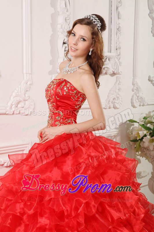 Strapless Red Dress For Quinceanera with Ruffles and Embroidery