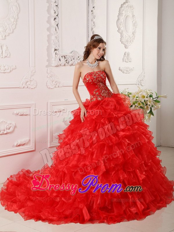Strapless Red Dress For Quinceanera with Ruffles and Embroidery