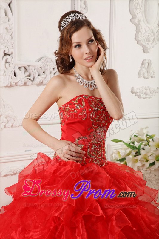 Strapless Red Dress For Quinceanera with Ruffles and Embroidery
