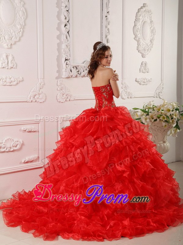 Strapless Red Dress For Quinceanera with Ruffles and Embroidery