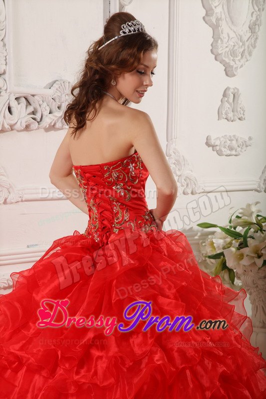 Strapless Red Dress For Quinceanera with Ruffles and Embroidery