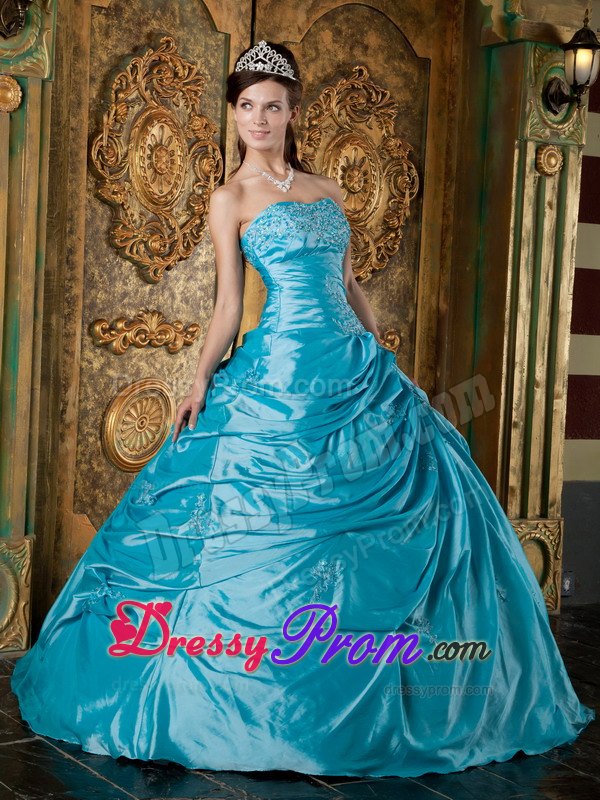 Blue Ball Gown Strapless Floor-length Quinceanera Dress with Appliques